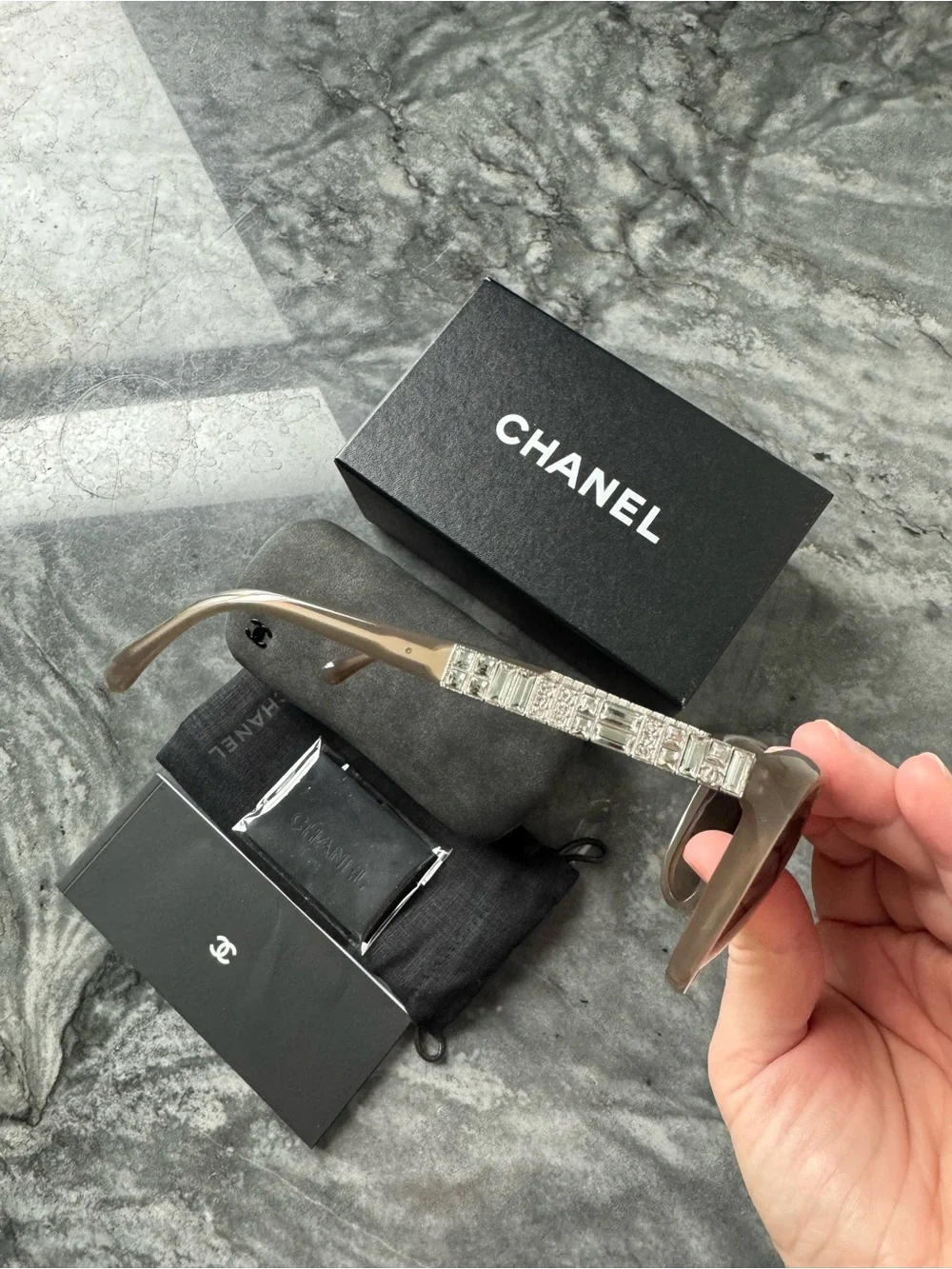 CHANEL Taupe Acetate Sunglasses with Crystal-Studded Temples